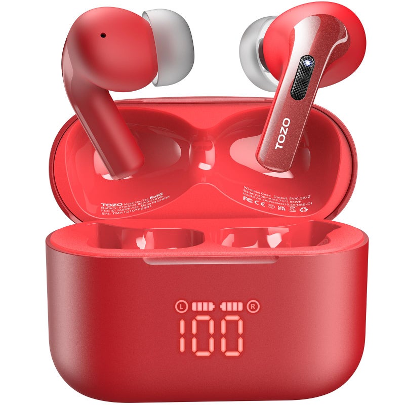 TOZO T20 Wireless Earbuds Bluetooth Headphones 48.5 Hrs Playtime with LED Digital Display, IPX8 Waterproof, Dual Mic Call Noise Cancelling 10mm Broad Range Speakers with Wireless Charging Case Red - Image 1