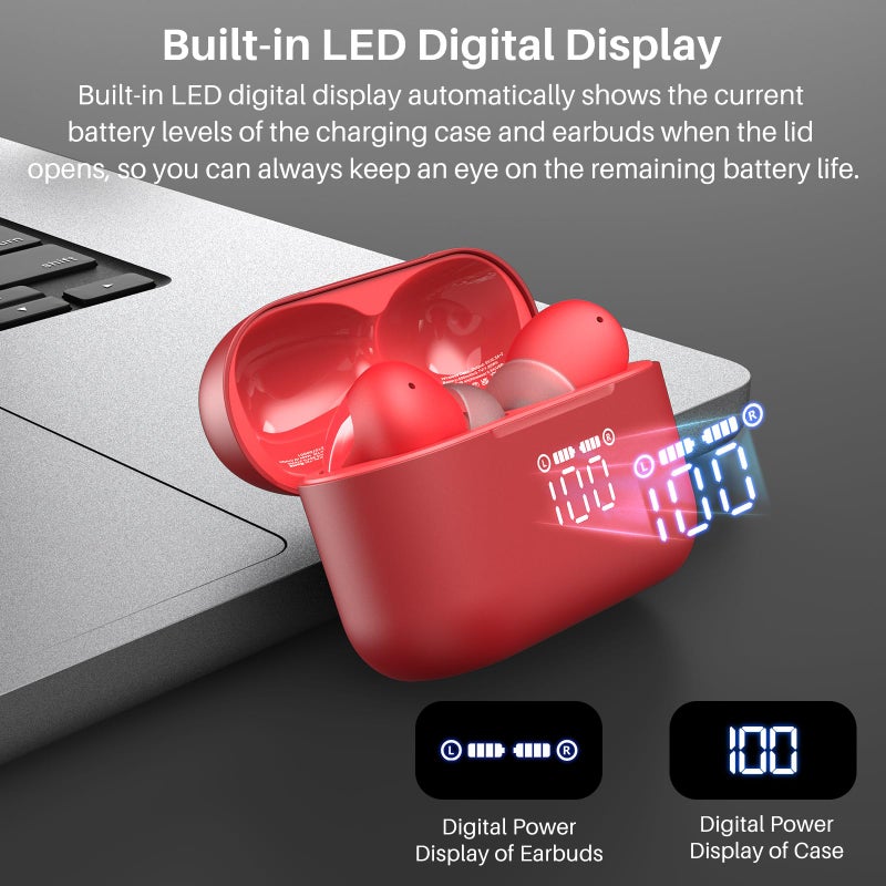 TOZO T20 Wireless Earbuds Bluetooth Headphones 48.5 Hrs Playtime with LED Digital Display, IPX8 Waterproof, Dual Mic Call Noise Cancelling 10mm Broad Range Speakers with Wireless Charging Case Red - Image 2