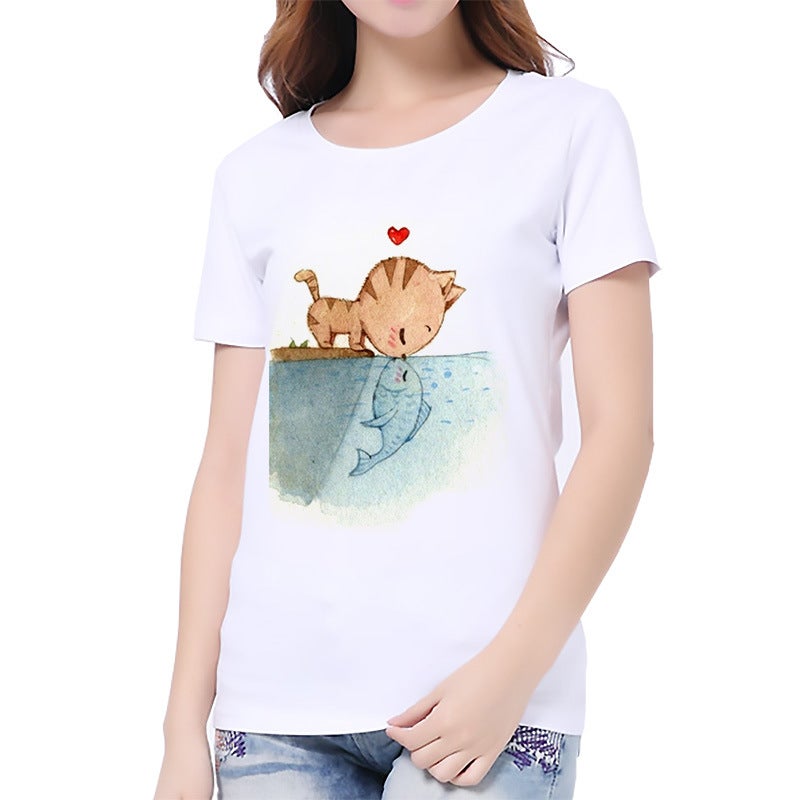 Z cat dog printed white women's casual top bottoming shirt T-shirt - Image 2