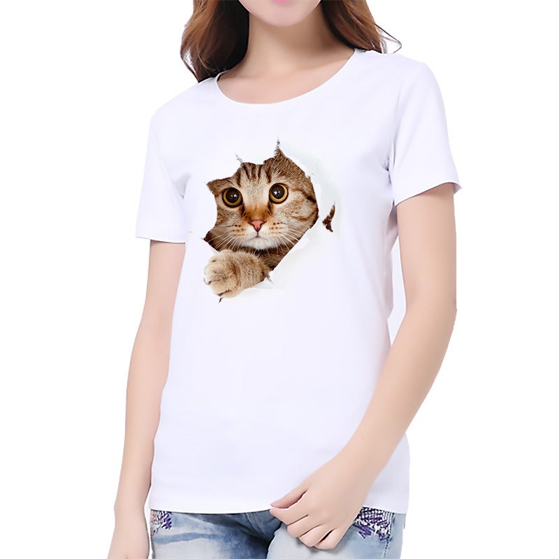 Z cat dog printed white women's casual top bottoming shirt T-shirt - Image 3
