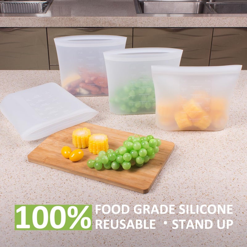 Annaklin Large Reusable Food Bags 4 Pack, 1.5 Quart(50.7fl.oz) 100% Silicone Storage Bags Stand Up Zip Silicone Food Container, Freezer Microwave Oven Dishwasher Safe, Translucent - Image 2