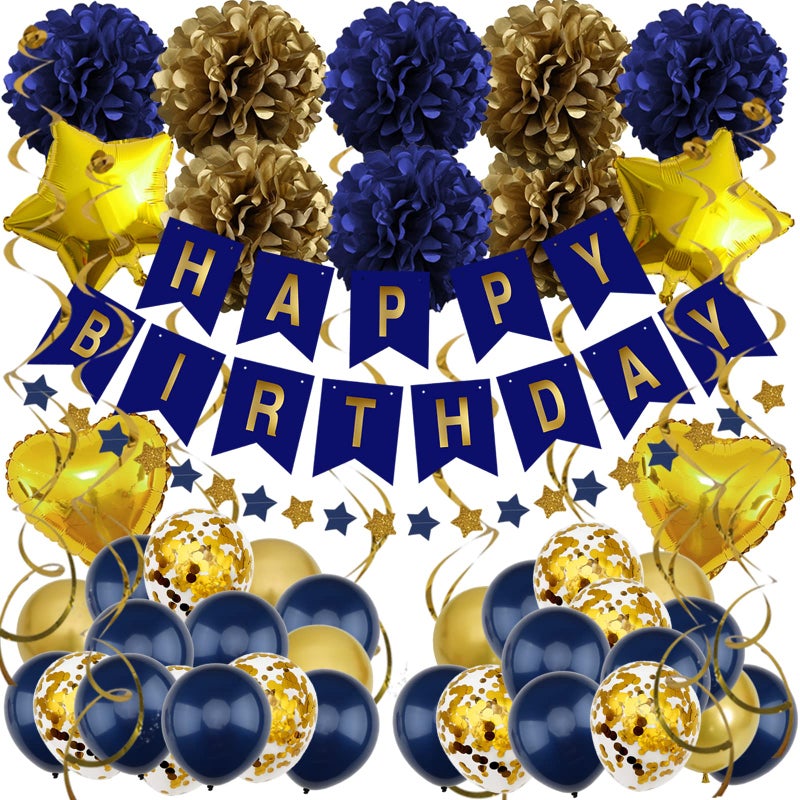 ZERODECO ZERODECO Birthday Decorations  Navy Blue Gold Party Decorations with Banner Pompoms Balloons for Boys Girls Men Women 