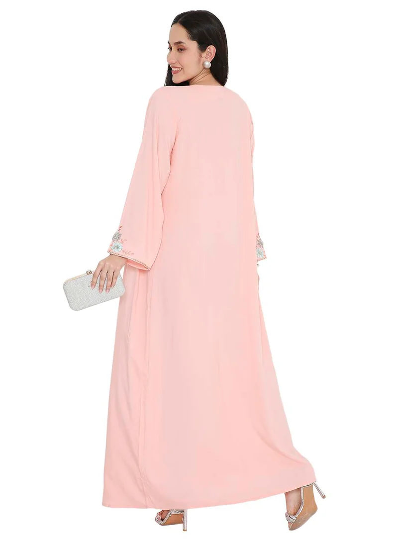 HANA & SARA SOLID LIGHT PINK COLOUR LONG VISCOSE EMBROIDERED MODEST ARABIC KAFTAN JALABIYA DRESSES