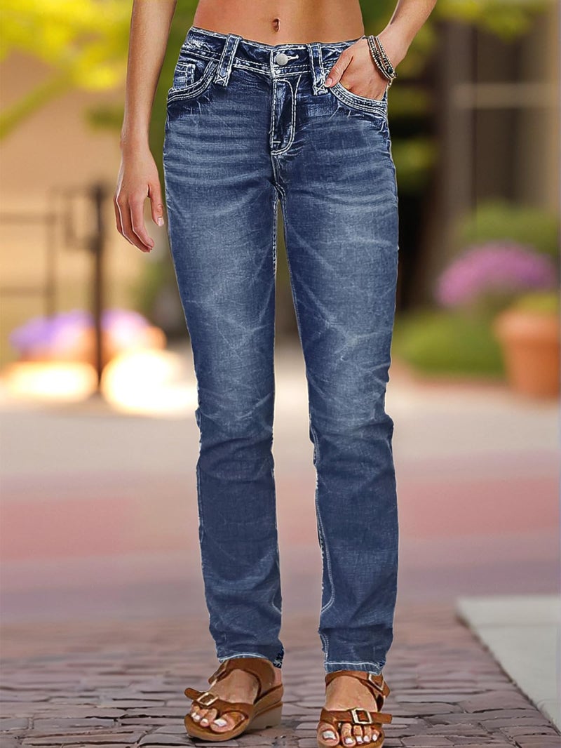 Flamingals Mid Rise Skinny Jeans for Women Trendy Wash Stretchy Butt Lifting Western Jeans with Pocket Back Charcoal Blue XL - Image 2
