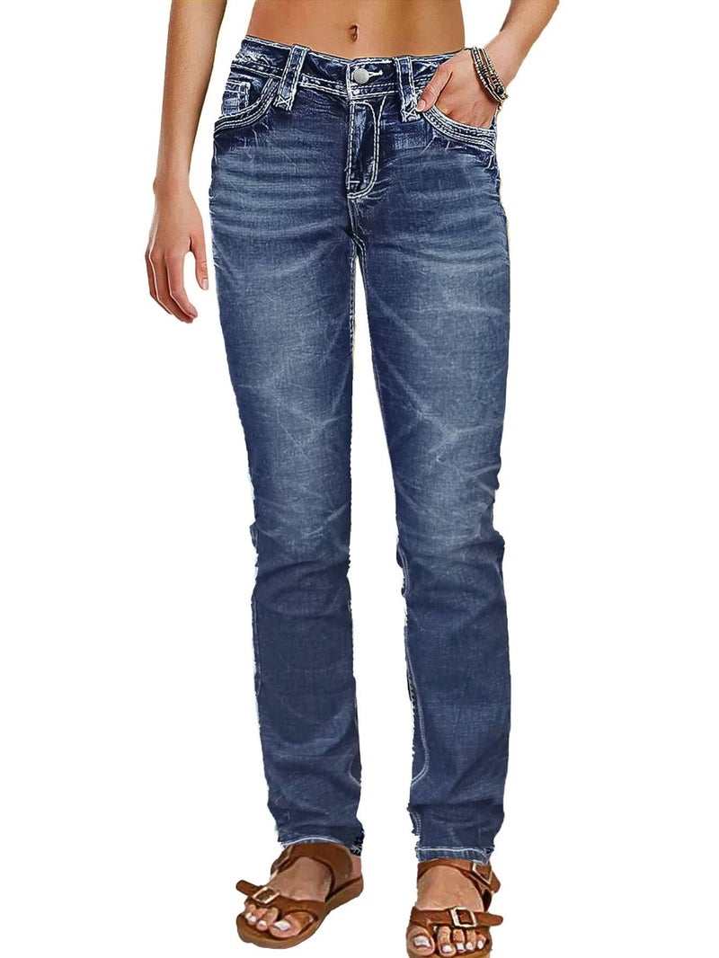 Flamingals Mid Rise Skinny Jeans for Women Trendy Wash Stretchy Butt Lifting Western Jeans with Pocket Back Charcoal Blue XL - Image 1