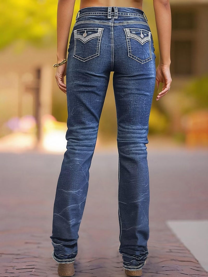Flamingals Mid Rise Skinny Jeans for Women Trendy Wash Stretchy Butt Lifting Western Jeans with Pocket Back Charcoal Blue XL - Image 3