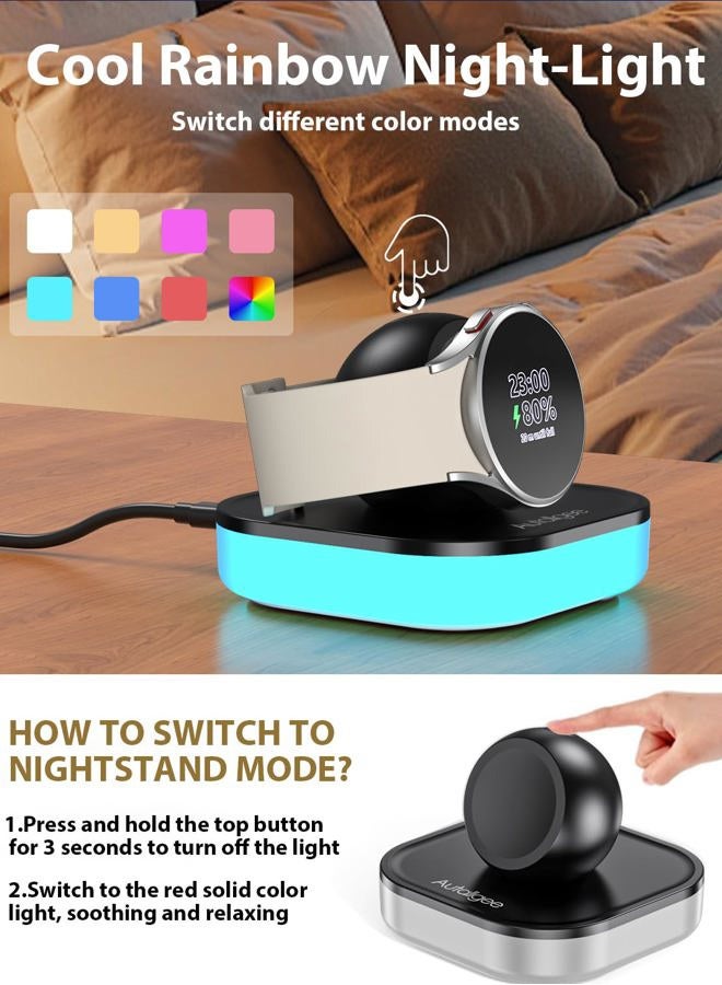 Autallgee Charger Stand for Samsung Galaxy Watch Charger, Magnetic Nightstand Mode Charging Stand with Light & USB Cable for Watch 8/8 Classic/Ultra (2025)/Ultra/7/6/6 Classic/5/5 Pro/4/4 Classic/3/Active/FE - Image 3