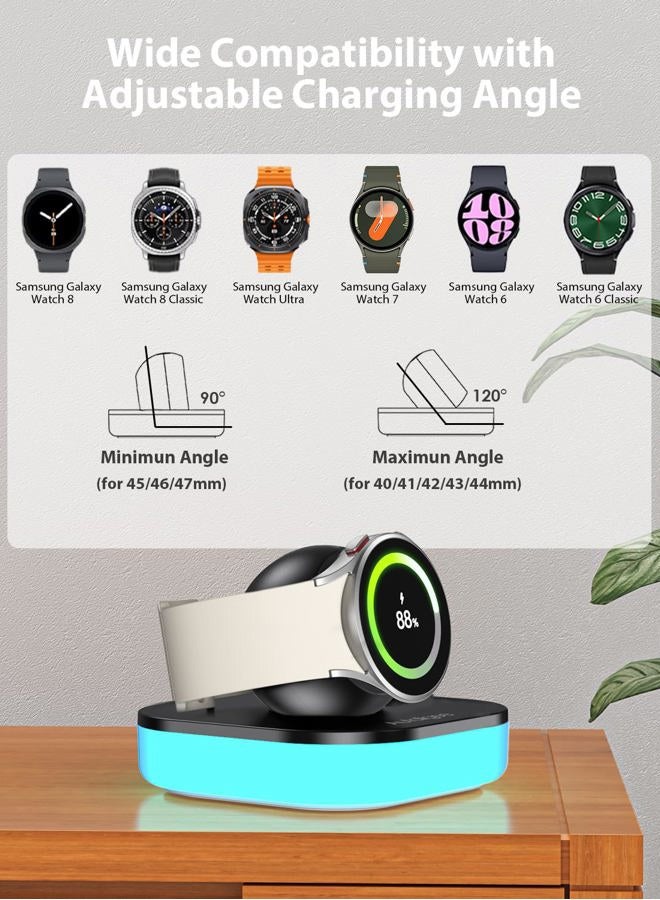 Autallgee Charger Stand for Samsung Galaxy Watch Charger, Magnetic Nightstand Mode Charging Stand with Light & USB Cable for Watch 8/8 Classic/Ultra (2025)/Ultra/7/6/6 Classic/5/5 Pro/4/4 Classic/3/Active/FE - Image 2