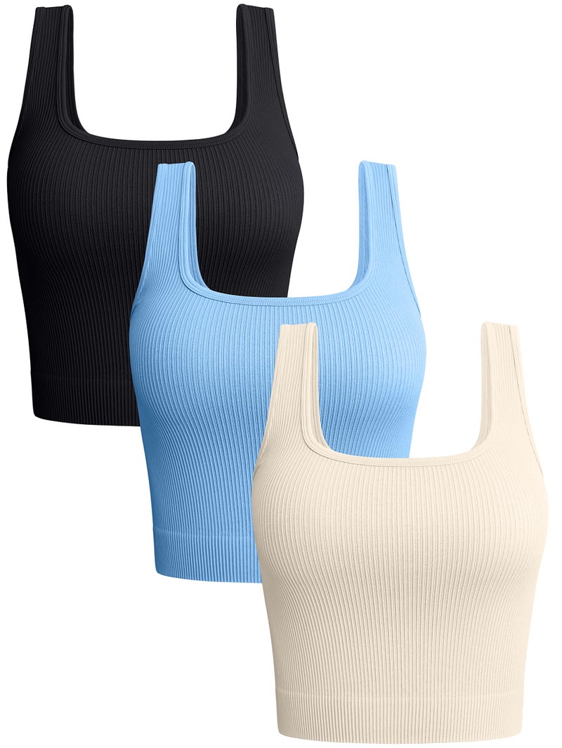 OQQ Women's 3 Piece Tank Tops Ribbed Seamless Workout Exercise Shirts 2025 Summer Basic Camis Black Candyblue Beige - Image 1