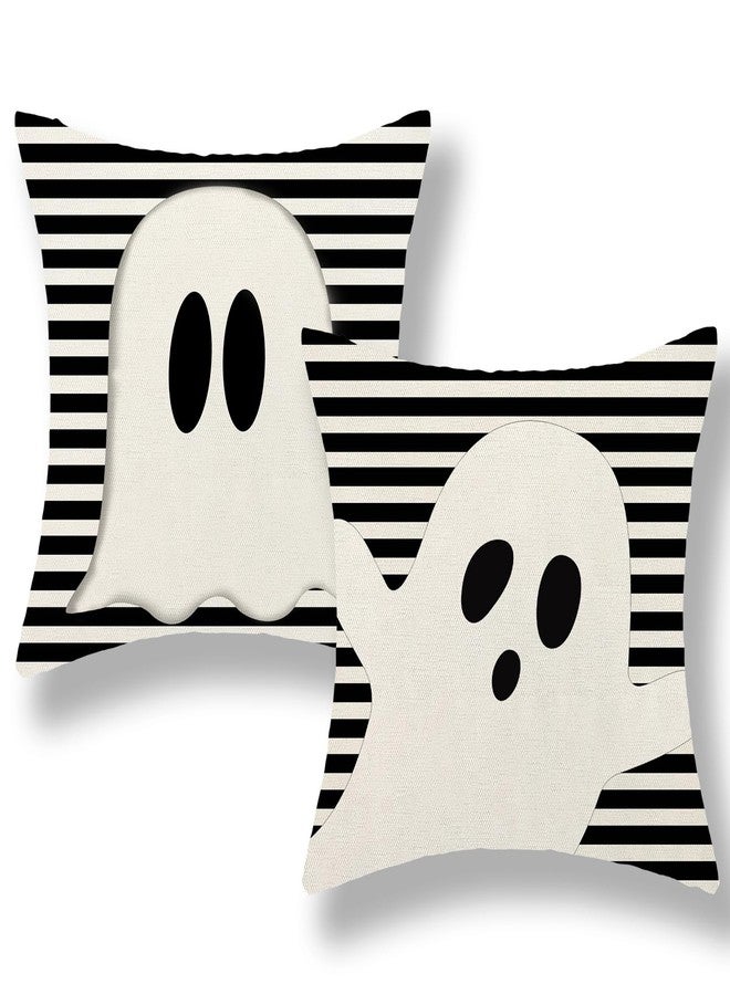 DAFENA Halloween Pillow Covers 18x18 Inch 2 Pcs Black Striped Cream Cute Spooky Ghost Fall Decor Throw Pillows Autumn Outdoor Seasonal Decoration Pillowcase Linen Cushion Cover for Couch Sofa - Image 1