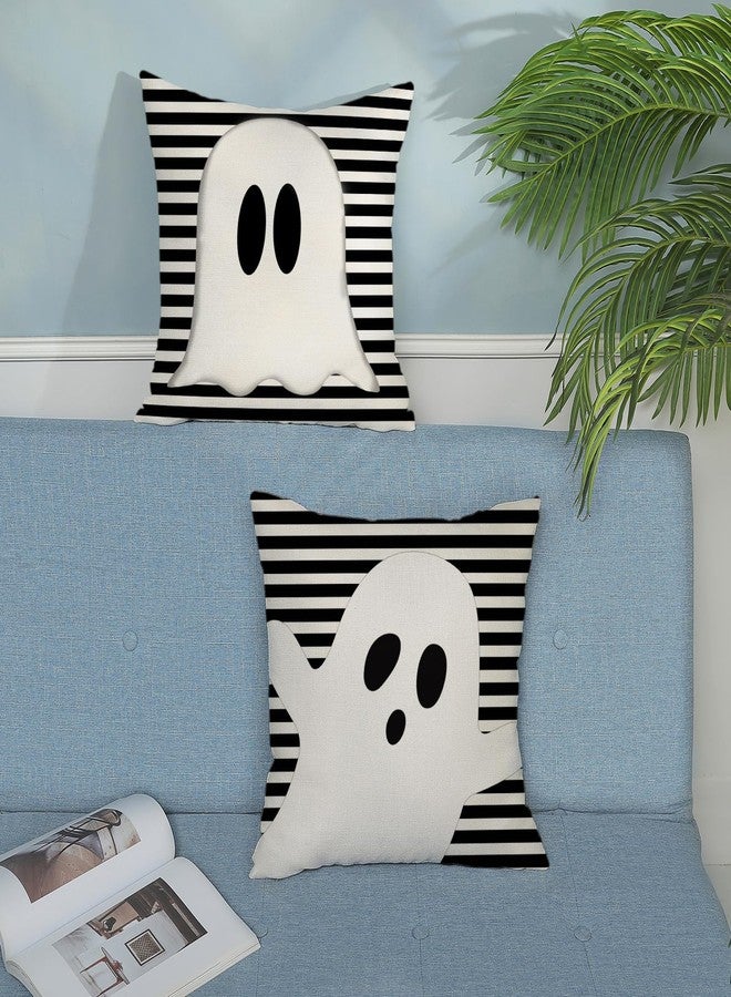 DAFENA Halloween Pillow Covers 18x18 Inch 2 Pcs Black Striped Cream Cute Spooky Ghost Fall Decor Throw Pillows Autumn Outdoor Seasonal Decoration Pillowcase Linen Cushion Cover for Couch Sofa - Image 3
