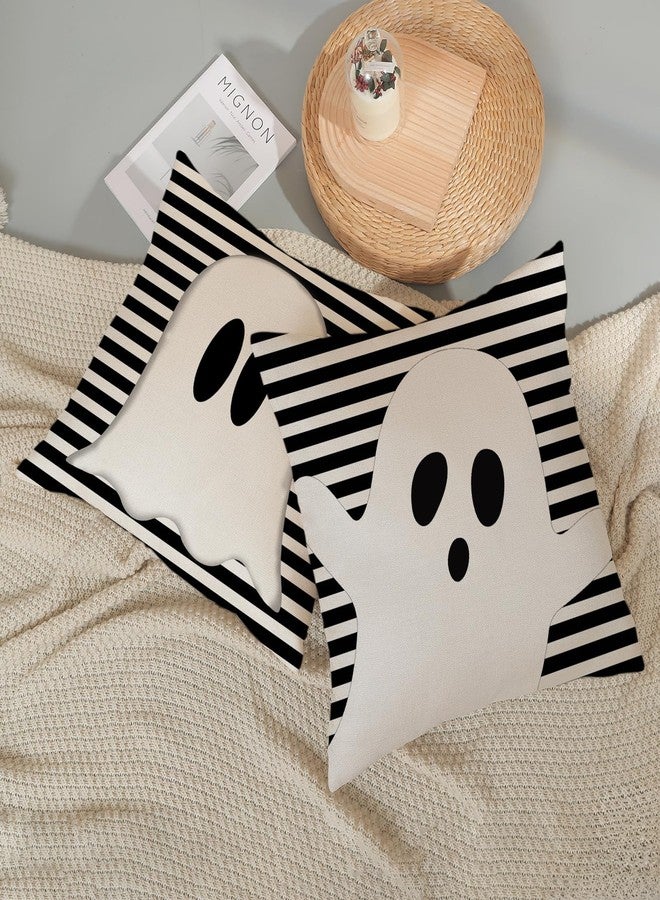 DAFENA Halloween Pillow Covers 18x18 Inch 2 Pcs Black Striped Cream Cute Spooky Ghost Fall Decor Throw Pillows Autumn Outdoor Seasonal Decoration Pillowcase Linen Cushion Cover for Couch Sofa - Image 5
