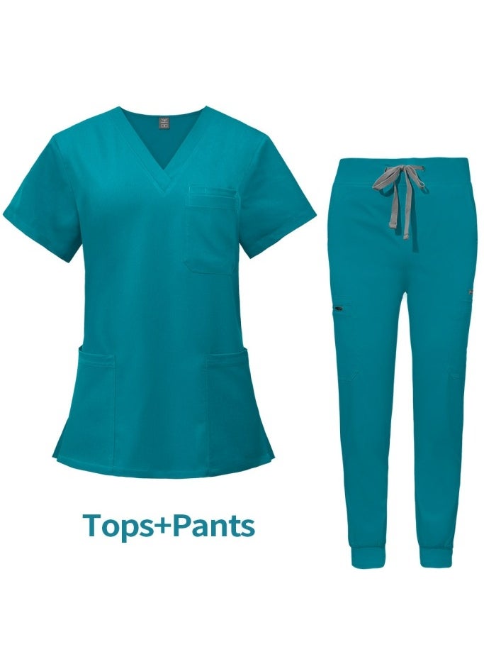 Loquat Medical Uniform Scrubs 2 Piece Set V-Neck Top and Jogger Pants Suit Lake Blue  - Image 1
