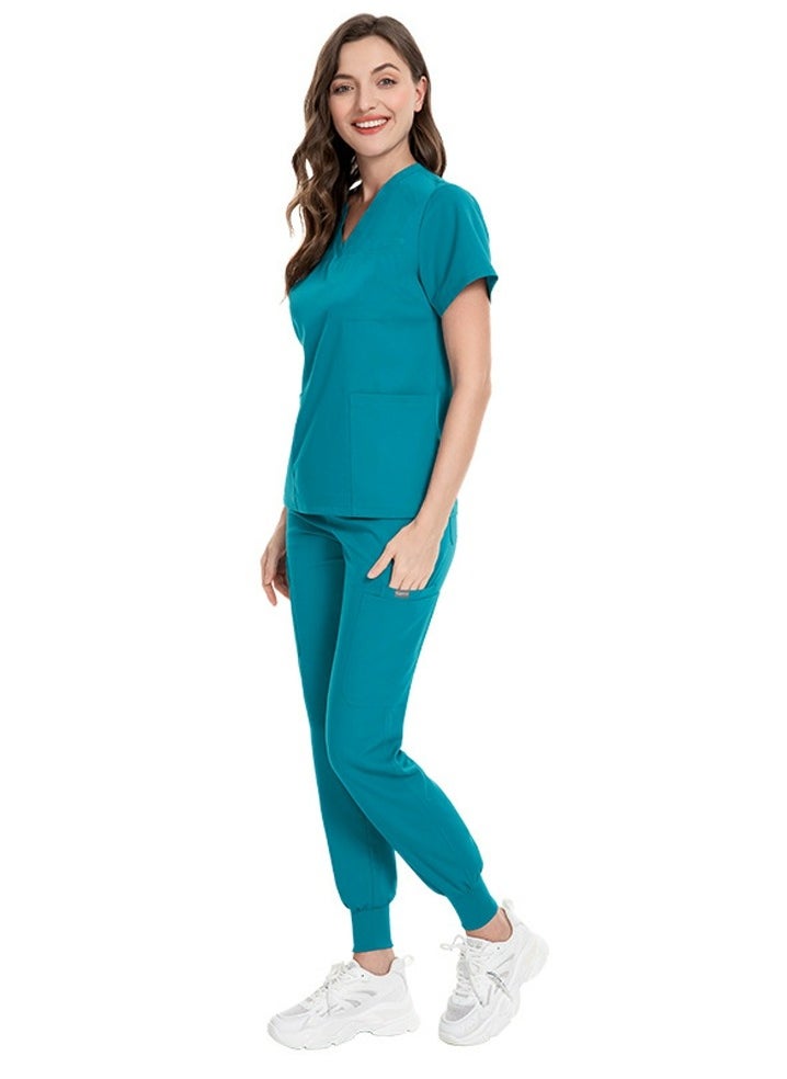 Loquat Medical Uniform Scrubs 2 Piece Set V-Neck Top and Jogger Pants Suit Lake Blue  - Image 3