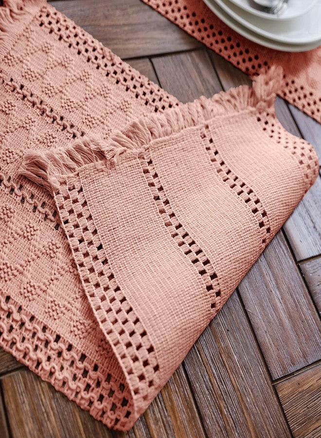 Alynsehom Macrame Table Runner Pure Pink Boho Table Runners with Tassels Hand Woven Cotton Table Runner Rustic Farmhouse Table Runners for Bohemian Kitchen Dining Table(12x71in) - Image 4