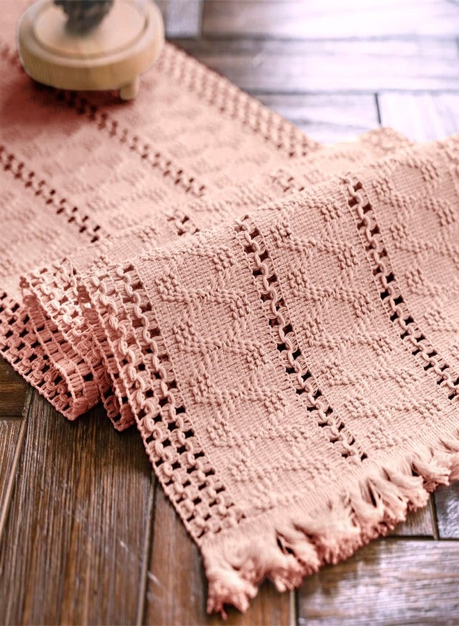 Alynsehom Macrame Table Runner Pure Pink Boho Table Runners with Tassels Hand Woven Cotton Table Runner Rustic Farmhouse Table Runners for Bohemian Kitchen Dining Table(12x71in) - Image 1