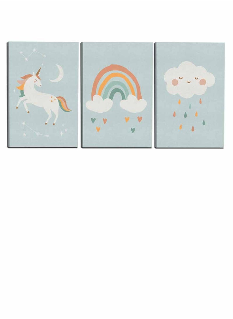 LOWHA Set Of 3 Framed Canvas Wall Arts Stretched Over Wooden Frame, Kids Clouds Rain Hearts Shapes Paintings, For Home, Living Room, Office Decor  - Image 4