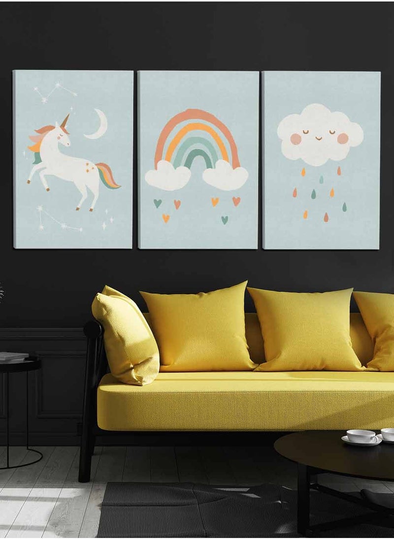 LOWHA Set Of 3 Framed Canvas Wall Arts Stretched Over Wooden Frame, Kids Clouds Rain Hearts Shapes Paintings, For Home, Living Room, Office Decor  - Image 1