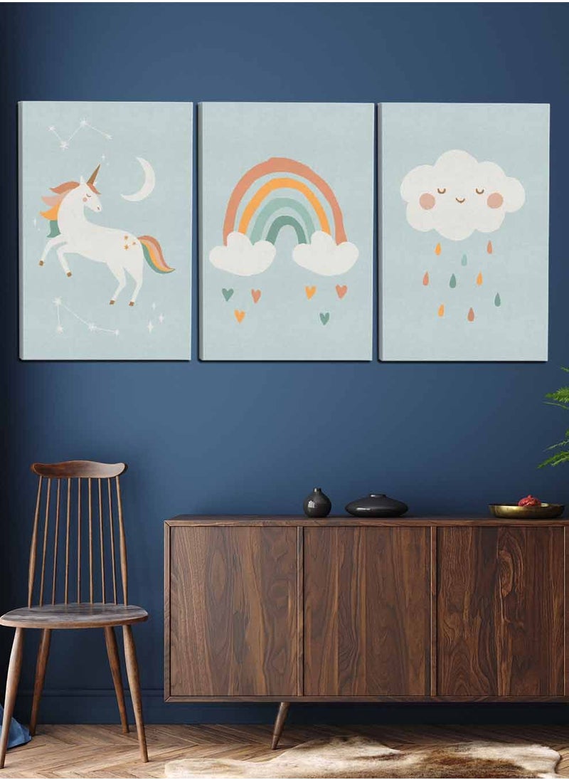 LOWHA Set Of 3 Framed Canvas Wall Arts Stretched Over Wooden Frame, Kids Clouds Rain Hearts Shapes Paintings, For Home, Living Room, Office Decor  - Image 2