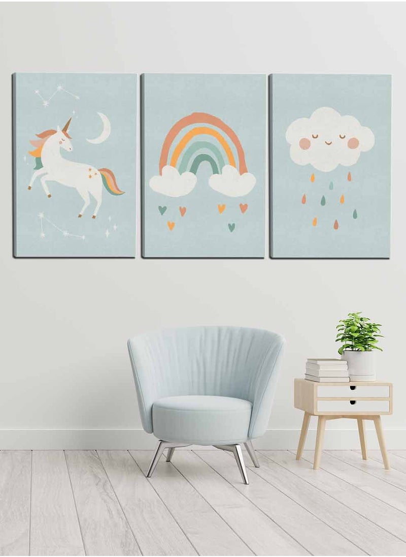LOWHA Set Of 3 Framed Canvas Wall Arts Stretched Over Wooden Frame, Kids Clouds Rain Hearts Shapes Paintings, For Home, Living Room, Office Decor  - Image 3