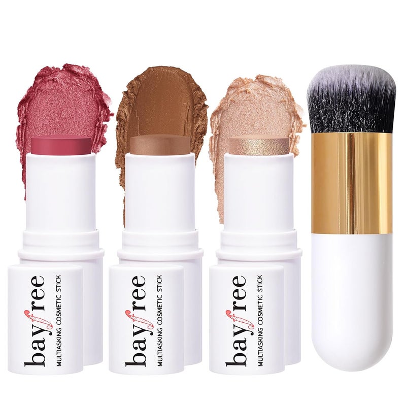 KIMUSE Face Sticks Trio Cream Blush Stick  Highlighter Stick  Contour Stick for Sculpt the Cheeks Long Lasting Cream Contour Stick Trio for Face Makeup with Brush