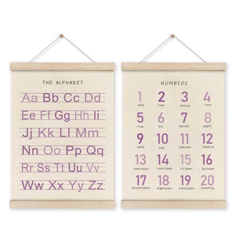 HRQKO Alphabet Numbers Poster Hanger Frame Set of 2  Girls Nursery Wall Decor  Boho ABC Poster Wall Art with Wooden Frames  Purple Alphabet Banner Wall Hanging Decor for Toddler Playroom  12x16 Inch - Image 1