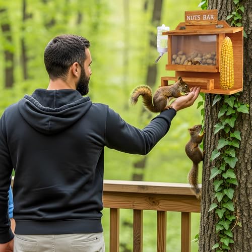 WHEARTED Hanging Squirrel Feeders for Outside Large Squirrel Picnic Table Feeder with Water Bottle Funny Nuts Bar Squirrel Feeder Wooden Chipmunk Feeder Box No Assembly Required - Image 3