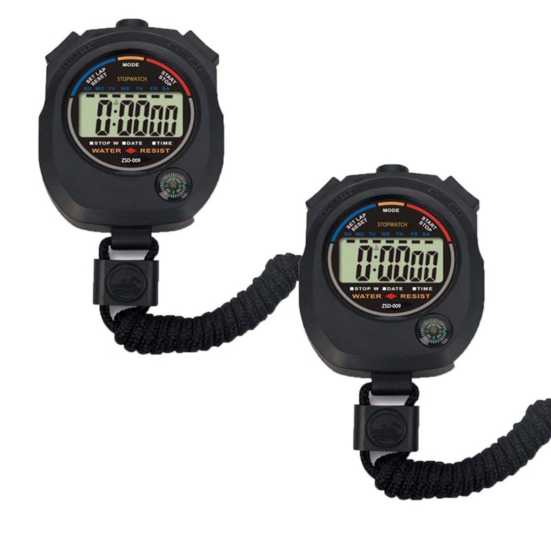Pgzsy 2 Pack MultiFunction Electronic Digital Sport Stopwatch Timer Large Display with Date Time and Alarm FunctionSuitable for Sports Coaches Fitness Coaches and RefereesPgzsy