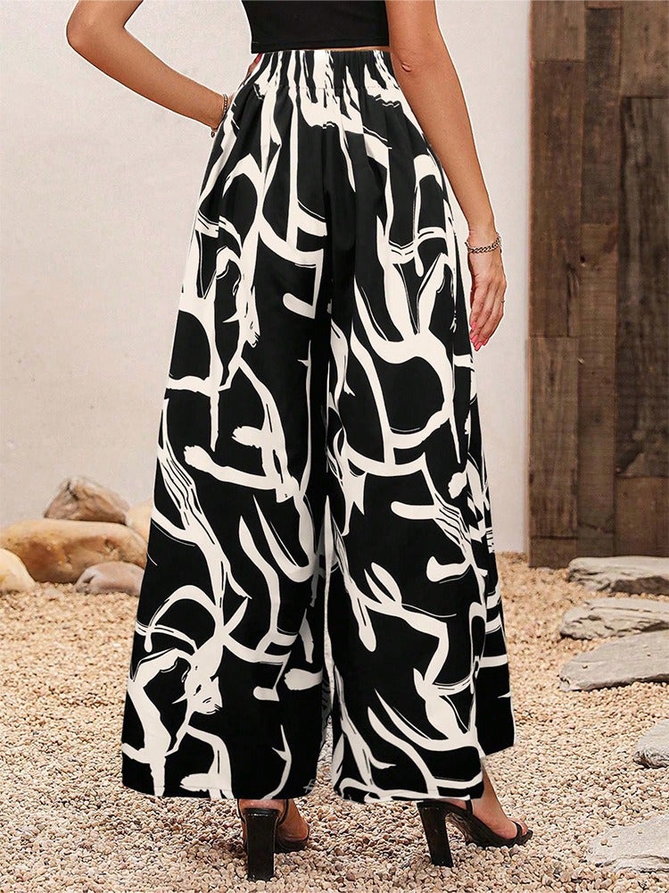 Chiffon Leaf Print Casual Pants with Elegant High Waist and Wide Legs for Women