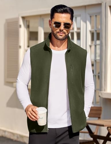 COOFANDY Winter Fleece Vest For Men Lightweight Warm Zip Up Polar Vests Sleeveless Jacket With Pockets, Army Green, Medium - Image 2