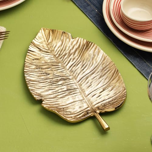 HEYEARTH Gold Leaf Decorative Serving Tray Platter.Decorative Tray for Center Table.Centerpiece Platter Tray for Home Decor - Gold - Image 1