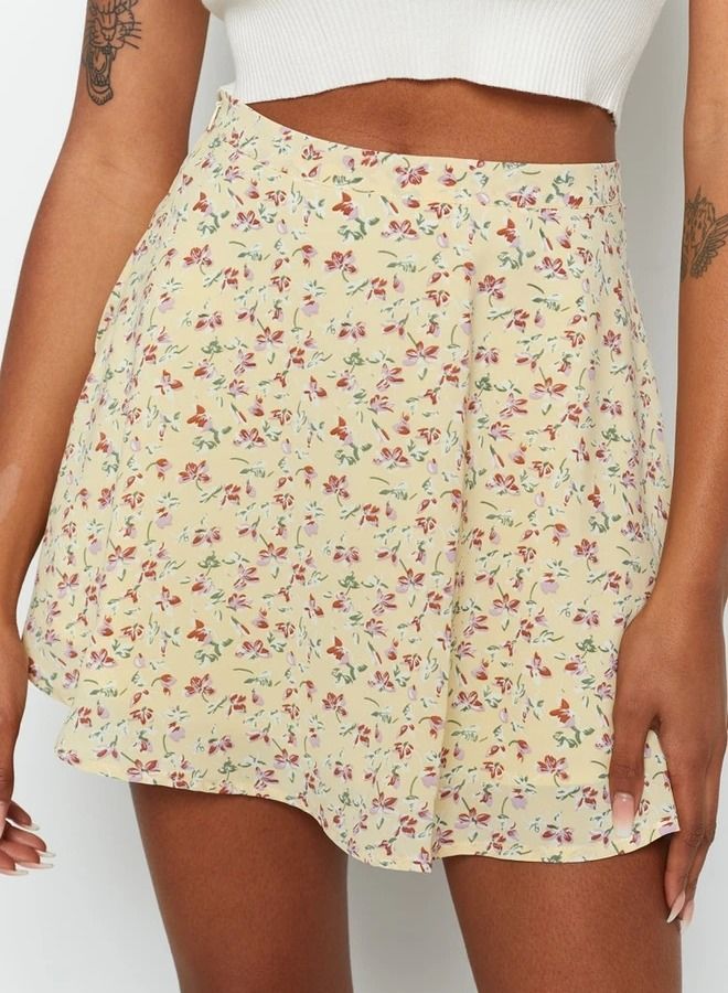 Loquat Women's Summer Wrap High Waist Floral Printed Ruffle Skirt Short Mini Umbrella Zipper Skirts Light Yellow Mix  - Image 1