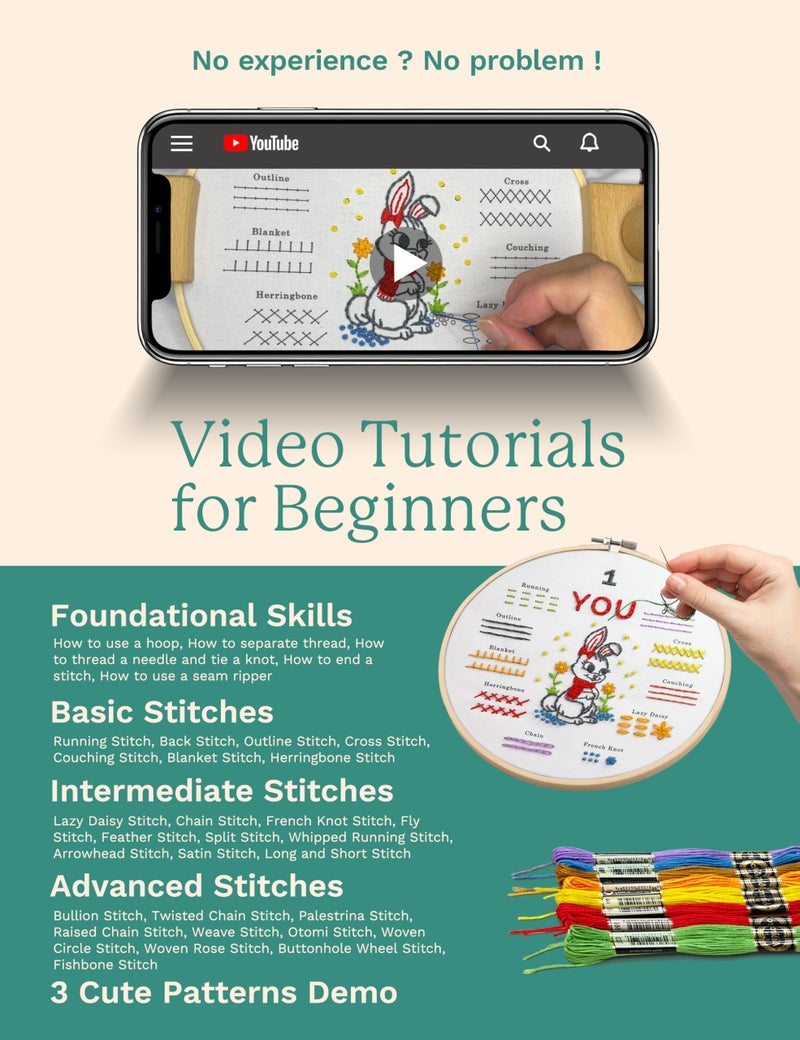 Bradove Embroidery Kit for Beginners, Learn to Embroider Top 29 Stitches and Cute Patterns with Video Tutorial and Instruction Booklet, Beginner Embroidery Kit for Adults Kids - Image 2