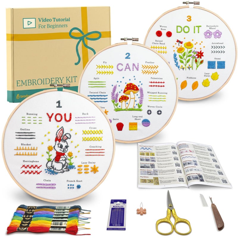 Bradove Embroidery Kit for Beginners, Learn to Embroider Top 29 Stitches and Cute Patterns with Video Tutorial and Instruction Booklet, Beginner Embroidery Kit for Adults Kids - Image 1