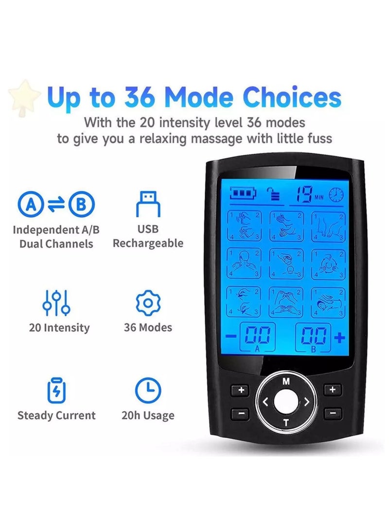 Dual Channel TENS EMS MASS Unit 36 Modes Muscle Stimulator for Pain Relief Therapy, Electronic Pulse Massager Muscle Massager with 10 Pads, Dust-Proof Drawstring Storage Bag, Fastening Cable Ties - view 5