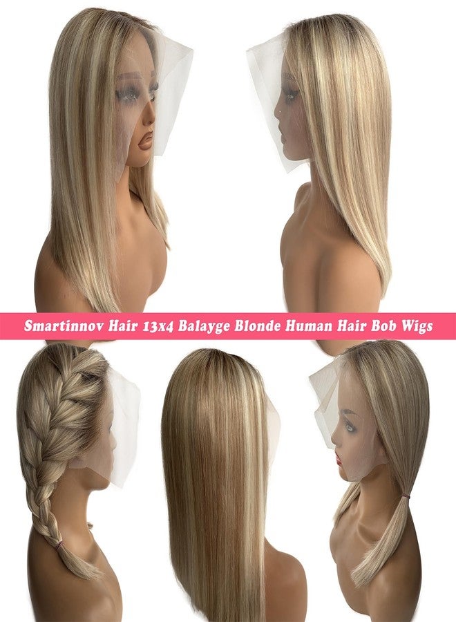 Smartinnov Blonde Balayage Human Hair Bob Wigs 13x6 HD Transparent Lace Front Short Blunt Cut Bob Wig Ash Brown to Blonde Highlight Glueless Pre Plucked with Baby Hair for Women - Image 5