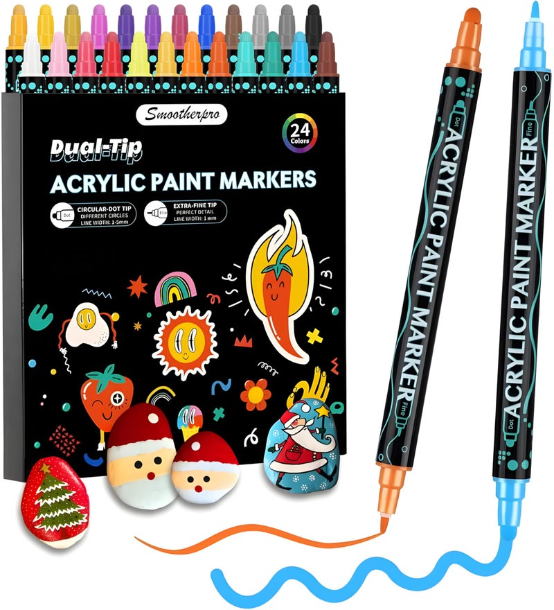 SMOOTHERPRO Acrylic Paint Markers 24 Colors Dual Tip Acrylic Paint Pens for Wood Canvas Stone Pumpkins Rock Painting Glass Plastic Ceramic DIY Crafts Art Supplies