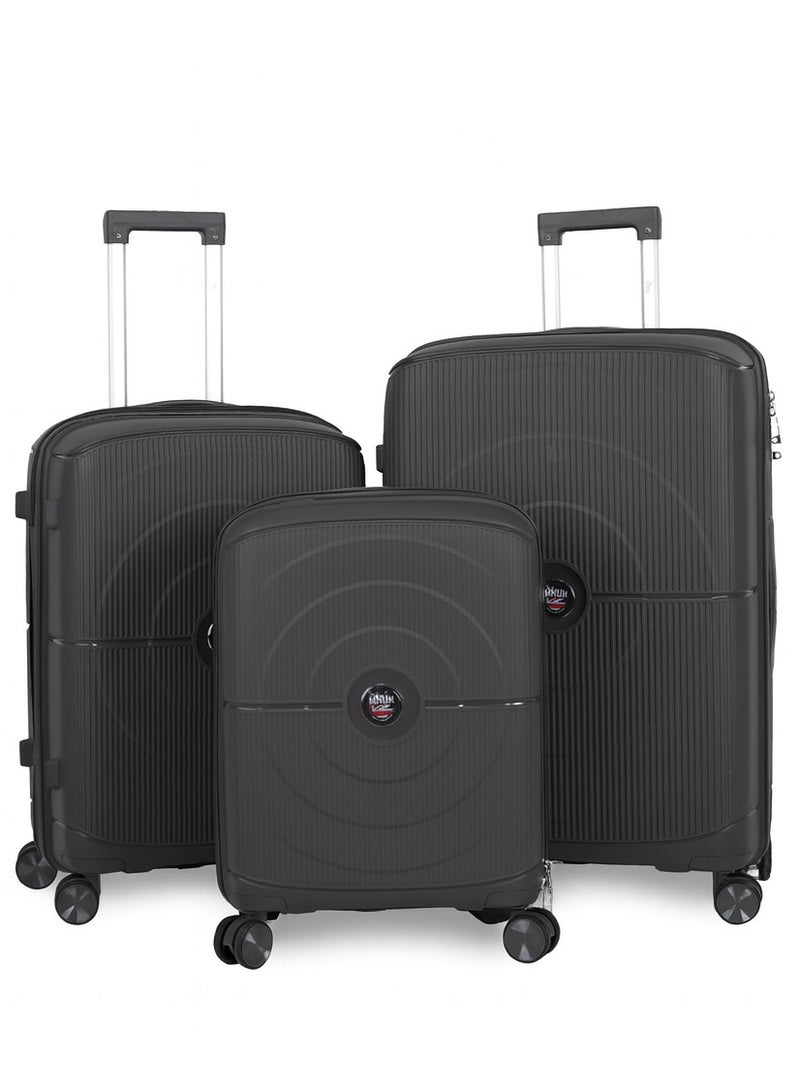 MNUK PREMIO Set of 3 Luggage| Polypropylene (PP) Hardside Luggage Trolley|Double 360° 4 Wheeler| Cabin-20 Inch, Medium- 24 Inch, Large-28 Inch|Black - Image 1