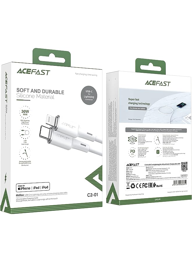 ACEFAST USB-C to Lightning Zinc Alloy Silicone Charging Data Cable 1.2 Meter White - Image 1