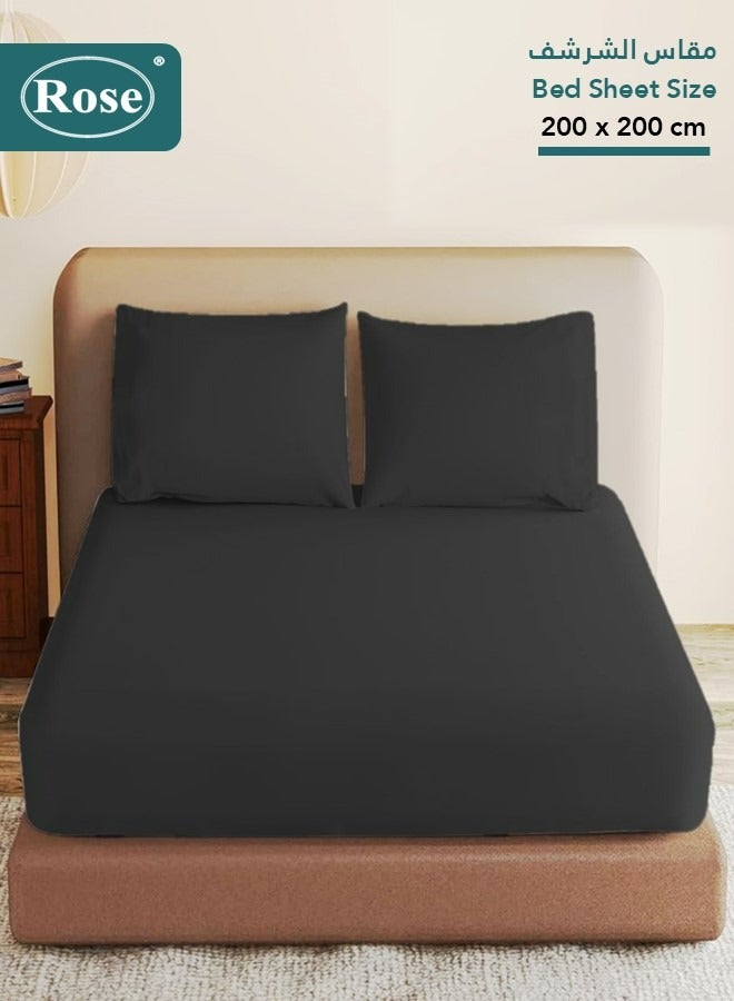 روز طقم شرشف سرير مطاط روز ساده فاخر بجيوب عميقة وأغطية مخدات، طقم من 3 قطع، مايكروفايبر ناعم جيد التهوية وبارد, مقاس مزدوج كينج نفرين 200×200+38 سم, أسود - Image 1