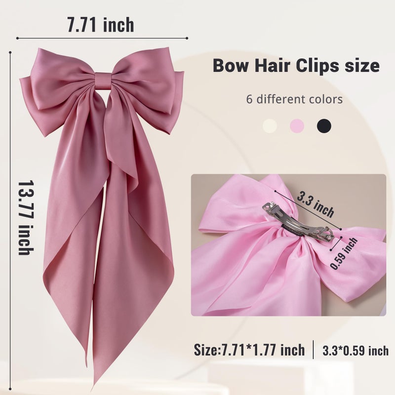 hisial 6Pcs Large Bows Hair Clips for Women Girls Long Tail Hair Ribbon Silky Satin Barrettes Coquette Bows Accessories (Black/Pink/Red/White) - Image 2