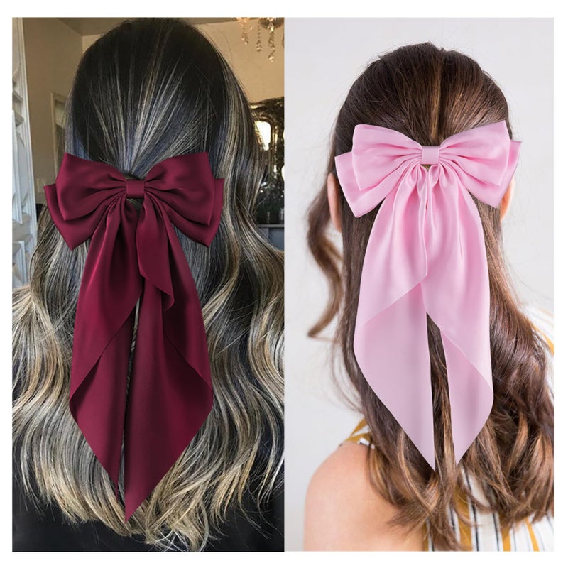 hisial 6Pcs Large Bows Hair Clips for Women Girls Long Tail Hair Ribbon Silky Satin Barrettes Coquette Bows Accessories (Black/Pink/Red/White) - Image 4