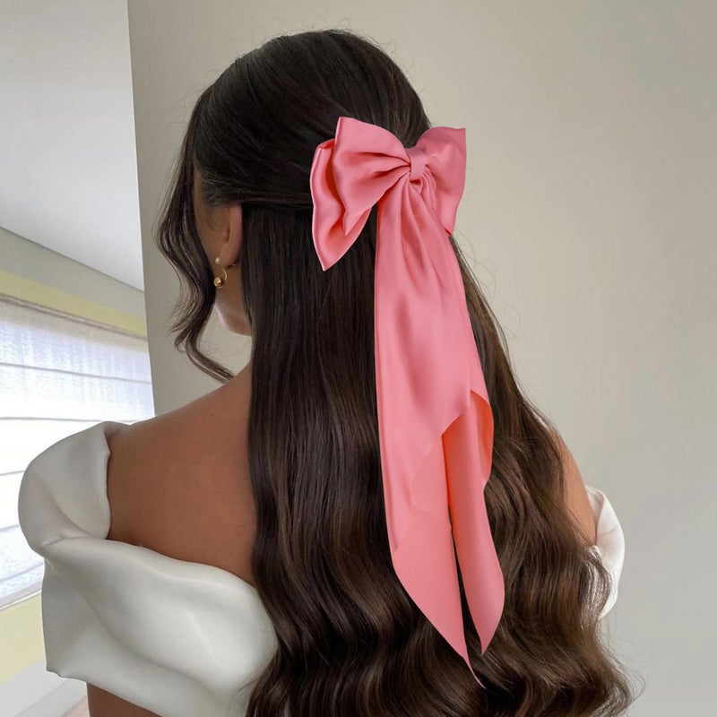 hisial 6Pcs Large Bows Hair Clips for Women Girls Long Tail Hair Ribbon Silky Satin Barrettes Coquette Bows Accessories (Black/Pink/Red/White) - Image 3