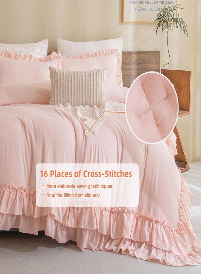 Masaca Kids Twin Ruffle Comforter Set - Shabby Boho Chic Farmhouse Rustic Bedding - 3-Piece Set (1 Ruffled Blush Comforter, 2 Pillowcases) - Image 5