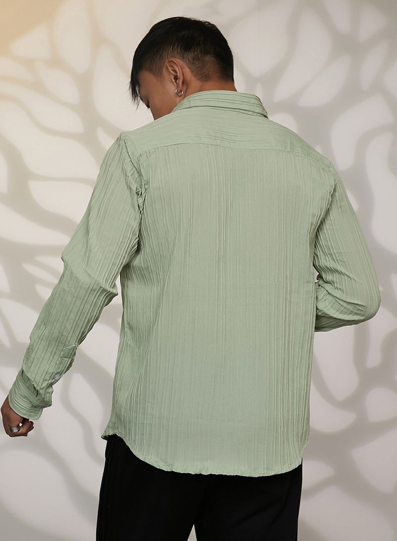 Campus Sutra Men's Sage Green Self-Design Striped Shirt - Image 3