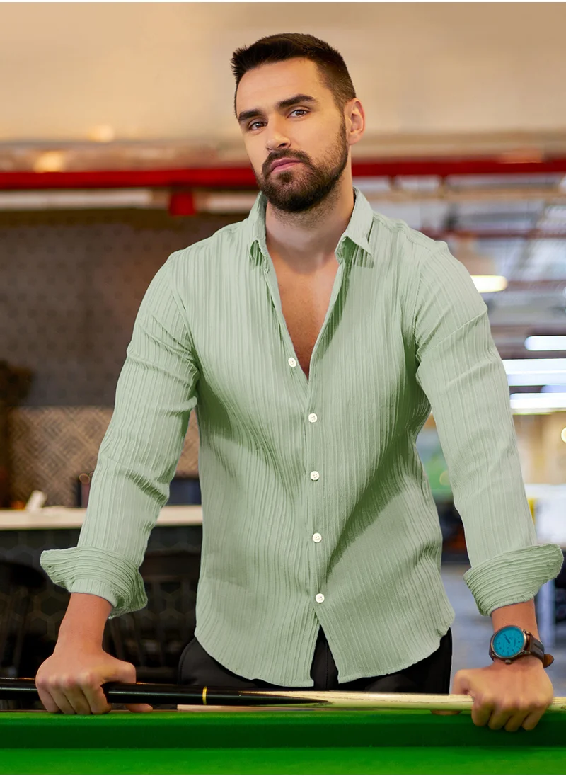 Campus Sutra Men's Sage Green Self-Design Striped Shirt