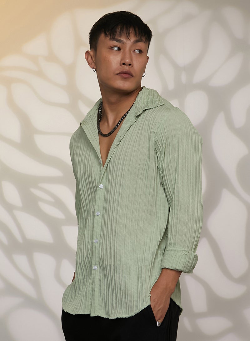 Campus Sutra Men's Sage Green Self-Design Striped Shirt - Image 2