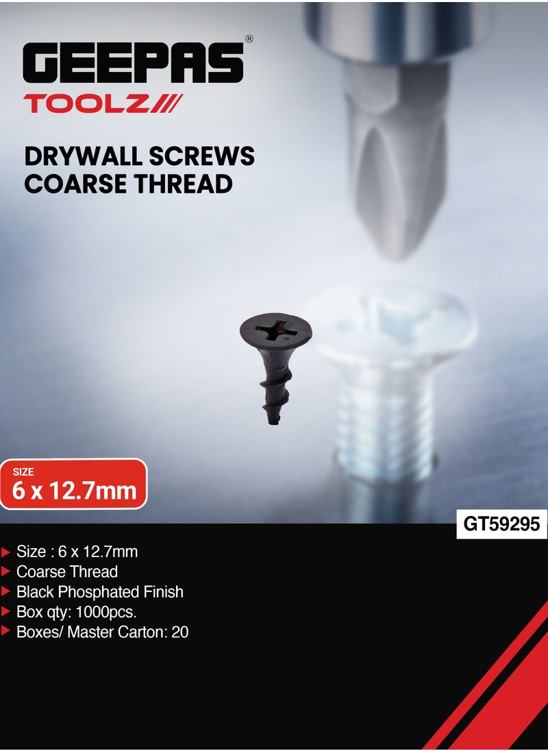 GEEPAS Geepas Drywall Screws Coarse Thread GT59295, Pack Of 1000 Pieces, Black Phosphate Finish, Ideal For Wood Work, Fittings, DIY, Mechanic Work, General Maintenance, 6x12.7 MM  - Image 1