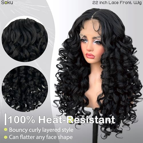SOKU Long Curly Wig, Glueless Lace Front Wigs for Black Women 22 Inch Pre Plucked Ready to Wear Black Layered Wig with Natural Hairline 13x4x1 HD Lace Frontal - Image 2