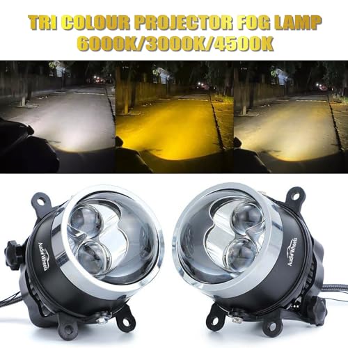 Audio Wheels 3" LED Projector Fog Lamp with Cover - 120W, Tri-Color (White/Warm/Yellow) | Dual Beam | with Blue Tint Film | 12V/24V Fog Light for Car & Vehicle Modification | For Kia Old Seltos - Image 3